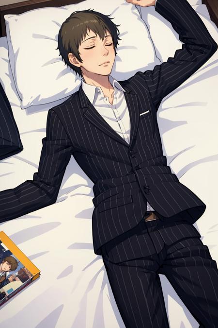 masterpiece, best quality, solo, 1boy, <lora:Joe_Fp:1>, joedesu2, suit, collared shirt, pinstripe pattern, , pants, sleeping,