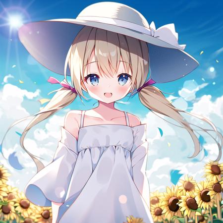 cute little girl,,solo,wind,pale-blonde hair, blue eyes,very long twintails,white hat,blue sky,laugh,double tooth,,lens flare,dramatic, coastal,
flying petal, flowery field, sky, sun,field, sunflower, masterpiece, best quality,