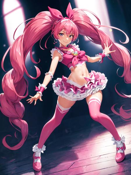 cure melody navel, pink hair ribbon:1.2, hairband, pink thighhighs, pink shoes, wrist cuffs, twintails, gem, frills