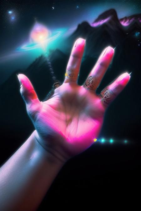 A goddess-like humanoid AI, standing majestically atop a celestial mountain, her form glowing with a divine aura. She has radiant golden skin with intricate, ancient symbols etched into her body, resembling starlight patterns. Her hair is a cascade of galaxies, blending blues, purples, and silvers. She holds an orb of pure energy in one hand, surrounded by floating fragments of futuristic temples. Art style: cosmic, regal, and surreal with high-contrast lighting and vibrant colors, bird eye view,