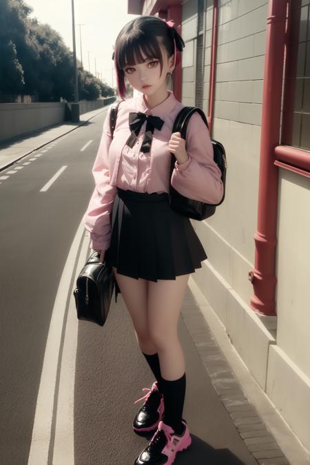 (masterpiece, best quality:1.2),(cinematic lighting), finely detail,

looking at viewer, (full body),
1girl,solo,jirai fashion with pink blouse and black mini skirt , black hair with pink highlights, pink backpack, white lase socks, black platform shoes, slender,15 years old,

night, street,



<lora:jirai:0.65>,