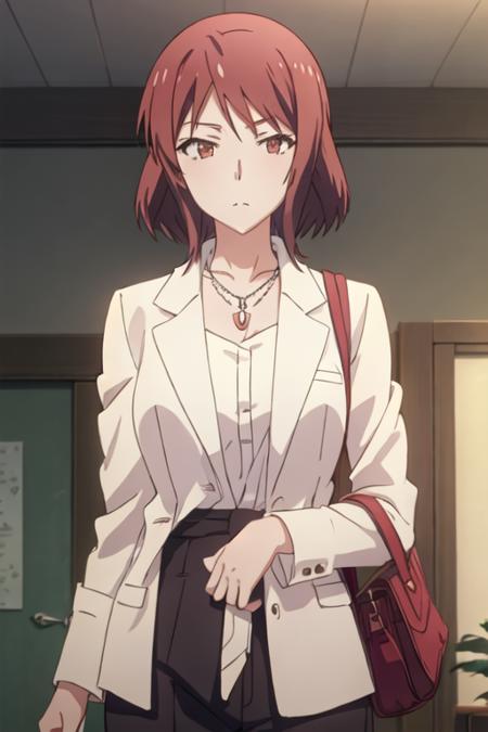 best quality, masterpiece, highres, solo, {sengoku_chihiro_sakurasounopetnakanojo:1.15}, short_hair, red_hair, brown_hair, brown_eyes, red_eyes, 1girl, jewelry, necklace, formal, suit, anime_coloring, looking_at_viewer