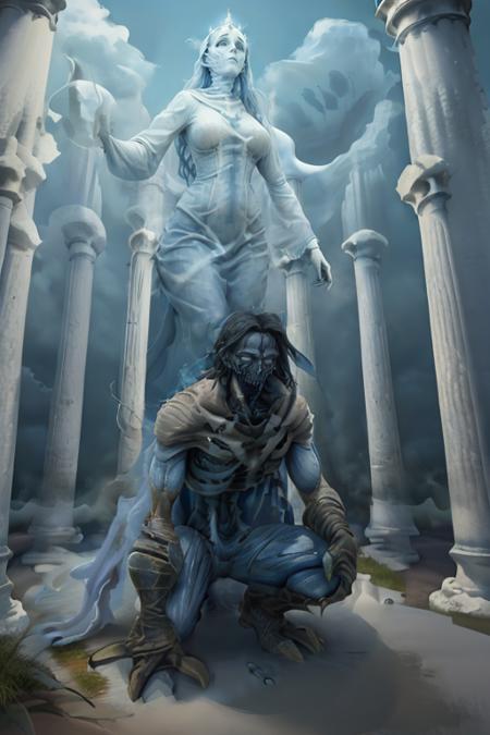 photo realistic  illustration of raziel  (crouched:1.2) in front of a (female ghost :1.5) in  a  field with (tall pillars up to the sky:1.6)  ,  dark fantasy style,  ,high res, (detailed image:1), insane details, soft,  (realistic:1), (photorealistic, photo-realistic:1), full color, (3d:1), (highly detailed:1.2), masterpiece, 8k uhd,    <lora:raziel3:0.8>