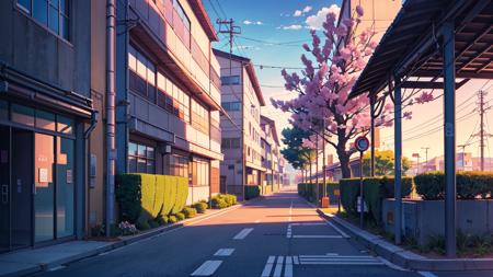 photography, animecity university building, cable, pedestrian, tree, flower, at dawn, pastel color, <lora:ARWAnimeCity:1>