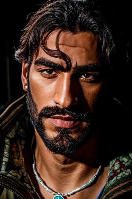 RAW photo, Harbor /(Valorant/), 8k uhd, dslr, soft lighting, high quality, film grain, (indian man:0.75), Fujifilm XT3, realistic, best quality, volumetric lighting, necklace,  big nose,  <lora:HarborValorant-000008:1>