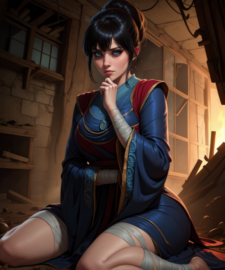 Sellen,bangs,black ponytail,thinking,
necklace,blue robe,long sleeves,bandages,wide sleeves,
sitting,
underground bunker,cobwebs,potions,ruins,
(insanely detailed, beautiful detailed face,beautiful detailed eyes, masterpiece, best quality),
<lora:Sellen-10EDRv8:0.8>,