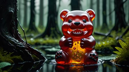 Cinematic photo-realistic macro photography, dramatic lighting, giant melting mutant gummy bears, ferocious open mouth with sharp gummy teeth, reflecting and refracting light, living gummy, rising from the dark swamp, anthropomorphic creepy creature, vibrant color of the gummy bear emerging from the dark muted colors of the swamp, <lora:detailed_notrigger:1>