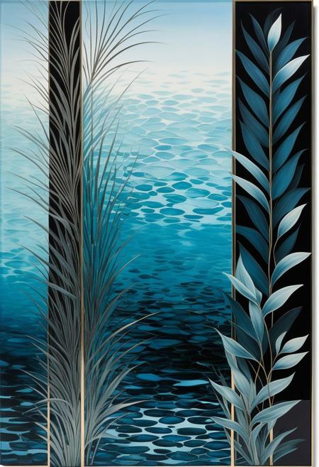 A captivating modernist painting that masterfully depicts a sophisticated water art arrangement. The artwork features translucent, rectangular glass and water panels, intricately designed with a floral and foliage theme. The color palette consists of delicate shades of blue, deep silver, and black, creating an awe-inspiring depth effect. Some elements appear up close, while others seem to recede into the background, resulting in an abstract composition that highlights form and color. This chic and modern piece exudes serene minimalism, making it an exceptional addition to any contemporary space and a striking poster, painting, or illustration., poster, illustration, painting