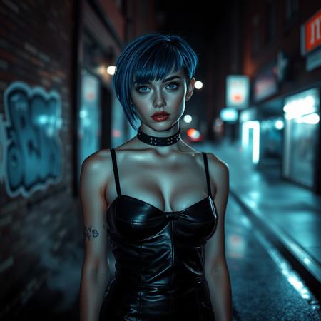A 25-year-old European girl with blue hime-cut hair and blue hazel eyes, standing in a city alley. The blurred city background shows brick walls with graffiti and wet pavement reflecting neon lights. She is wearing a leather mini skirt and a black choker, with pouty lips and freckles on her face. Her body is illuminated by reflections of neon lights, contrasting with soft lighting and delicate shadows. A subtle mist rises from the ground, and the scene is moody and sexy, with multiple light sources and sharp contrasts. The image is in black and white, except for her blue hair and blue hazel eyes, with light reflections on the wet surfaces. The overall tone is dark and dynamic, with neon lights creating a striking atmosphere
