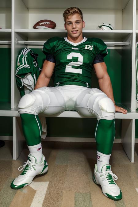 in an American football locker room, sitting on a bench, legs spread open, LarsNorgaard, American football player wearing American football uniform, American football shoulder pads, ((green jersey)), jersey number 12, (white football pants and pads), green socks, black sneakers, slight smile, masterpiece, (((full body portrait))), full body shot  <lora:LarsNorgaard:0.8>