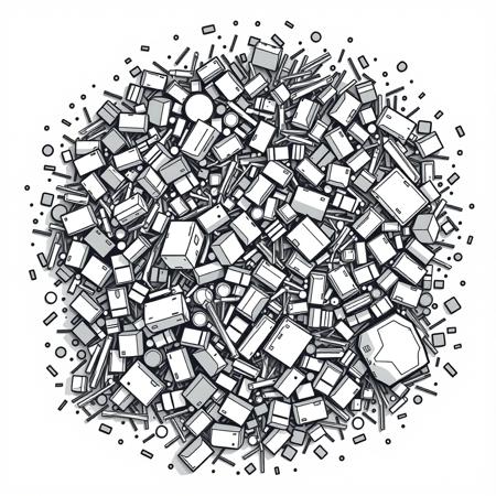 a overhead view of a piece of a large trashheap, in a black and white lineart style as a tile from a video game tileset, viewed directly from overhead,  2D minimalist style, black and white monochrome color pallete, The overall design is square in shape