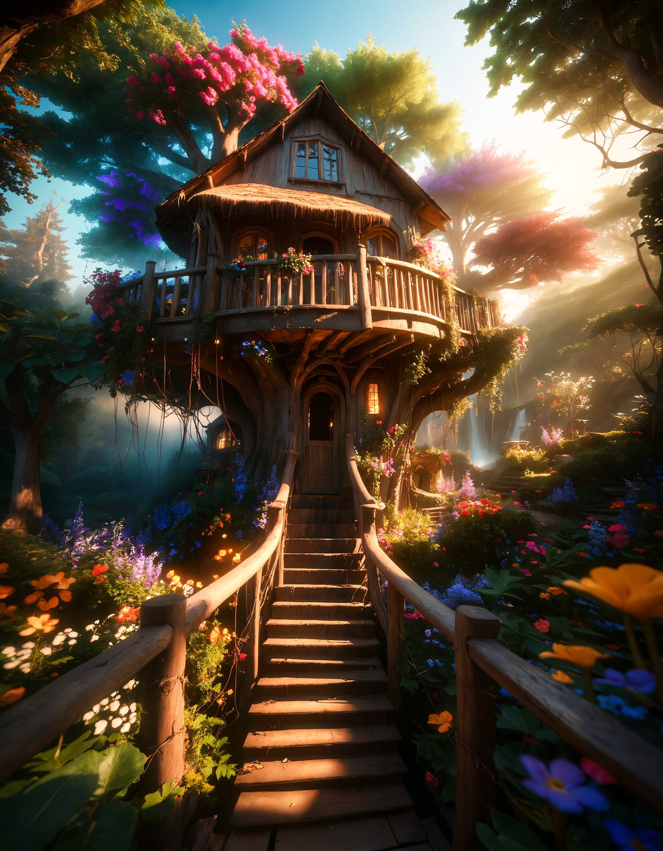 award winning photo of a tree house nestled in a dense forest, reminiscent of a magical fairyland. The tree house is built...