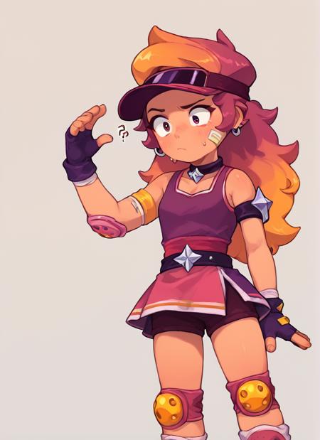 boamber   ,1 girl  , multicolored hair, long hair  ,purple tank top,  belt, yellow knee pads, shorts ,  skirt, shorts under skirt, visor cap,   pink headwear,  fingerless gloves,white Arm band,