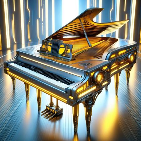 DonMX3n0T3chXL, a futuristic piano, masterpiece, best quality, highly detailed, sharp focus, dynamic lighting