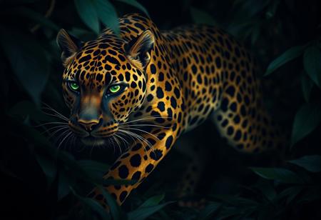 A sinuous and deadly jaguar with a metallic gold and black coat and glowing green cat eyes. She is stalking through a dark tropical jungle with grace and a sense of poised power. Her mouth is slightly open and shows her strong, sharp fangs. The shadows in the forest serve to highlight the gleaming colours of her fur.