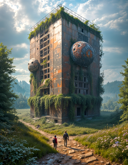 [TCD sampler] 
Breathtaking intricate layered surreal dynamic collage painting of a dramatic bizarro happy empty big box and a 90s wildflower orphanage over  overgrown chernobyl powerplant at  a misty morning. Art by Craig Mullins and Satoru Takizawa. Professional masterpiece, uhd, hq, extremely detailed, exquisite, 8k, award-winning