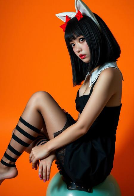 (Soft Lighting Photography by Mimoza Veliu and Mario Giacomelli:1.2), NSFW, Japanese college girl wearing white cat ears, long eyelashes, long black bob, face obscured by hair, bare feet, feet to viewer, white ears with red bow, sexy black dress with white collar, black and white striped stockings, breast exposed, sitting on a bouncy ball with her leg, white grunge, in profile, side view, surrealism, fashion illustration, orange background, avant-garde, vivid colors, filigree, photorealistic rendering, moody chiaroscuro lighting. sexy, dynamic poses,looking at viewer,