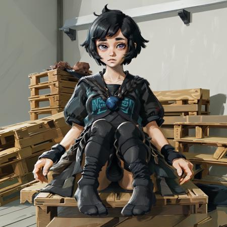 full body sitting on pallet with black socks, girl,looking at viewer with short black hair black eyes,searafuku,room with pallets  <lora:Brush_V2:1>