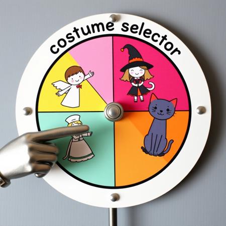 photo of a game spinning wheel divided in colorful sections with four distinct cute drawing options:  an angel , a witch , a nurse, and, a cat. a metal hand with a pointing finger points toward the wheel from the side, with title that reads  "costume selector"