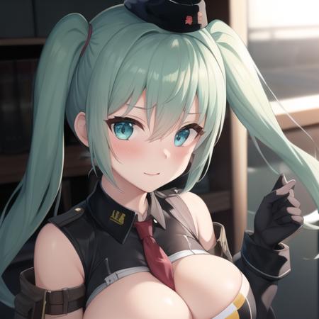 (masterpiece, best quality:1.2),illustration,8k,hd,city,1girl,solo,upper body,(portrait:1.2),micro uzi (girls frontline),aqua eyes,aqua hair,belt,between breasts,black gloves,blush,boots,black thighhighs,cleavage cutout,detached sleeves,eyebrows visible through hair,hair between eyes,hat,holster,large breasts,long sleeves,long twintails,midriff,navel,necktie between breasts,short shorts,twintails,<lora:Micro Uzi(gf)>,