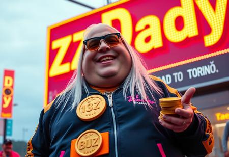 Got it! Here’s the updated remix with the Ray-Ban Wayfarer goggles:
Buzz Daddy is a larger-than-life character, exuding charisma with a signature grin reminiscent of Riccardo Villalobos. His playful, lighthearted aura contrasts with his bulky, chubby physique. He’s decked out in a corporate tracksuit with vibrant psychedelic details, featuring a standout orange piece that reads “The Road to Torino.” His look is completed by a massive yogurt buckle shaped like a buzz coin, and long, straight white hair that adds to his striking appearance. His Ray-Ban Wayfarer goggles reflect the electric glow of digital yellow signs, while he mischievously tosses stacks of Buzz coins around.
Buzz Daddy’s personality is zany, artistic, and captivating—his presence radiates the vibe of a meme king who thrives on humor and unpredictability. In the scene, “Buzz Daddy” is showcased in luminous, cinematic letters, whether displayed on a neon-lit billboard, a glowing mural, or boldly printed across his ultra-realistic jacket. The composition merges digital and artistic styles, creating a playful yet composed visual experience. The atmosphere is surreal and meme-driven, highlighting Buzz Daddy’s larger-than-life persona with influences from aidmafluxpro1.1, aidmaMJ6.1, and aidmahyperrealism, ensuring an unforgettable visual impact.