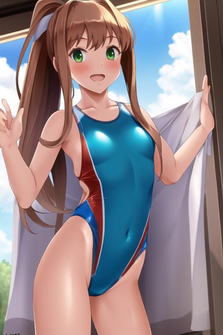 masterpiece, best quality, <lora:tsuchimiya:1>, tsuchimiya,1girl, one-piece swimsuit, competition swimsuit, medium breasts,  <lora:ddlcmonikatest:1> long hair, green eyes, brown hair, ponytail, ddlcmonika