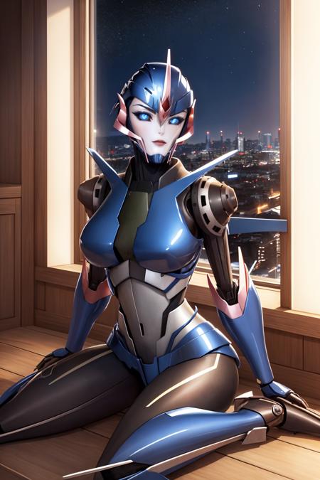 (masterpiece, best quality:1.2), 1girl, solo, looking at viewer,  <lora:arceetp:1>, arceetp, robot, mecha, autobot, medium breasts, indoors, window, city, night sky, sitting, wariza,