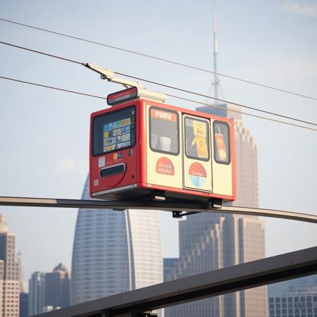 "rover with vending machine on board" on overhead rails rides past open windows of skyscraper