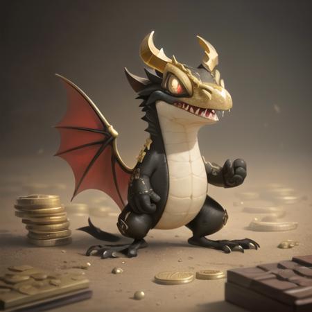 (8k, RAW photo, best quality, masterpiece:1.2), bank, bobeda, gold, gold coins, gold bars, gollas, a lot of gold, banker, black scales, wings, tail, horns, sharp teeth, red eyes, creature playing with gold from a bank , techo, <lora:Techo:0.70>