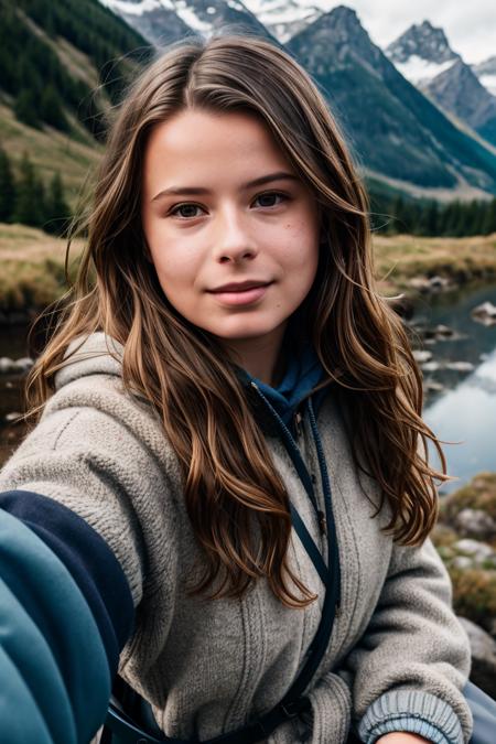 ((selfie)) photo of (n3ub4u3r-140:0.99), smiling, outdoors, mountains, wearing a backpack, sweater, and hiking jacket, rocks, river, wood, analog style (look at viewer:1.2) (skin texture), close up, cinematic light, sidelighting, Fujiflim XT3, DSLR, 50mm