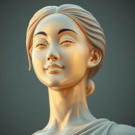 Close-up portrait of a statue of a an asian woman. Her head and body are semi-translucent, with numerous, glowing, fine, hairline cracks. A gentle breeze blows through her hair back as she turns her head slightly and stops to face the viewer. She blinks and then shyly smiles softly at the viewer.