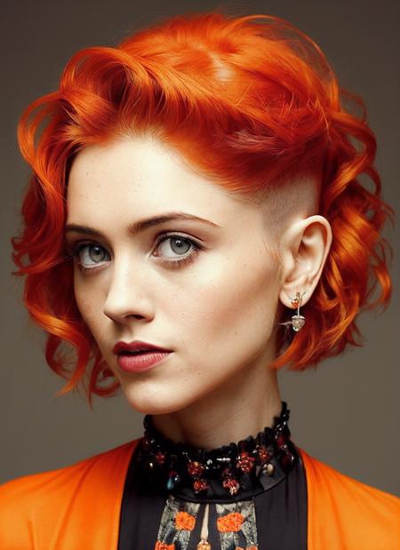 portrait of sks woman by Flora Borsi, style by Flora Borsi, bold, bright colours, orange Mohawk haircut, ((Flora Borsi)), <lora:locon_nataliadyer_v1_from_v1_64_32:1.4>