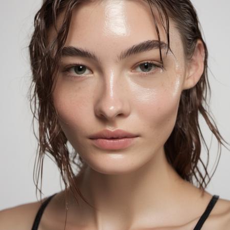 Portrait photo of a young woman with wet-looking lips, Nikon Z9, realistic matte skin, skin texture visible, (sharp focus), (high quality)