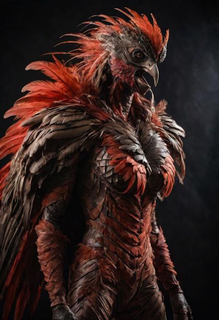 Frontal view. looking forward, looking viewer, full body, realistic professional photography, monster werebird woman, brown and red feathers, cinematic lighting, perfect shading, amazing composition, dynamic angle, 35mm photograph, best quality, masterpiece