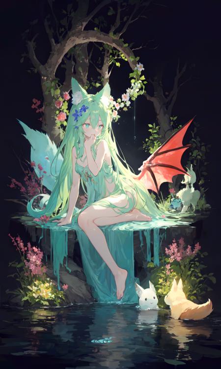 1girl, solo, dragon wings, dragon tail, tail, long hair, side up, one side up, black background, enchanted forest, nature, trees, dryad, fox ears, animal ear fluff, flowers, active pose, full body, flower hair, bright color hair, glowing hair, divine, goddess, barefoot, doll face, upturned eyes, long eyelashes, animals, birds, sitting, looking away, glowing water, middle of a lake, flower bed, wisps, night, petite