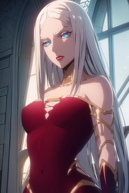 carmilla, long hair, white hair, lipstick, blue eyes, makeup, dress, red dress, center opening,