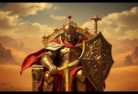 Golden Phantom Knights of Silent Boots knight on throne, desert vista, ornate gold armor, red cape, matching gold shield & sword, baroque painting, dramatic lighting, trending on Artstation, 4k, octane render, unreal engine 5, hyperrealistic, detailed face, vivid emotion, CGSociety, golden ratio, isometric, splash ink illustration, grammer effect style.