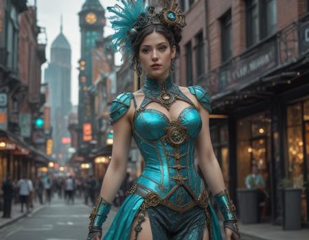 A sculpture made of Carnival glass, aqua formal dress cyberpunk city. Iridescent surfaces, vibrant colors, intricate patterns, opalescent hues, reflective and prismatic effects, Art Nouveau and Art Deco influences, vintage charm, intricate detailing, lustrous and luminous appearance, Carnival Glass style., Steampunk, aqua formal dress cyberpunk city, retrofuturistic science fantasy, steam-powered tech, vintage industry, gears, neo-victorian, steampunk