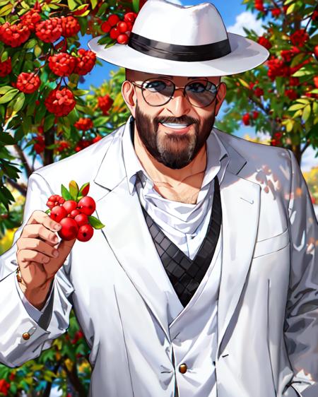 shufutinskiy man standing in white blazer, hat, bald, sunglasses, smile, look in camera, (fat:0.8), autumn, (ryabina branch and small red berries:0.8) on background, medium shot, (close up:0.7), <lora:3rd_september_v1:0.9>