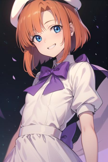 renaryuuguu, <lora:renatest:1>,
rena ryuuguu, orange hair, short hair, blue eyes, smile, grin,
BREAK beret, black thighhighs, bow, bowtie, dress, hat, puffy short sleeves, puffy sleeves, purple bow, purple bowtie, short sleeves, thighhighs, white dress, zettai ryouiki, (small breast:1.2)
BREAK looking at viewer,
BREAK indoors, bed,
BREAK <lora:GoodHands-vanilla:1>, (masterpiece:1.2), best quality, high resolution, unity 8k wallpaper, (illustration:0.8), (beautiful detailed eyes:1.6), extremely detailed face, perfect lighting, extremely detailed CG, (perfect hands, perfect anatomy),