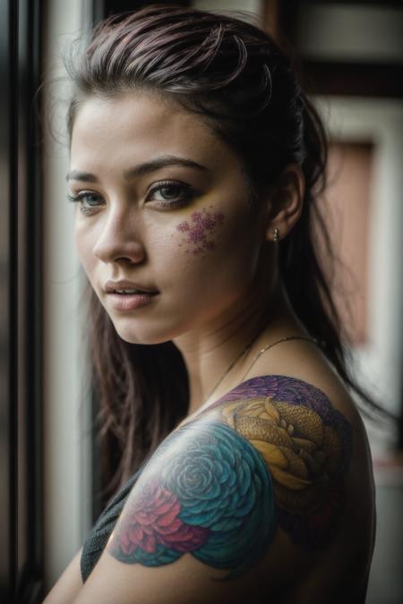 portrait a girl with a dragon tattoo on her arm, vivid colours, HDR, hard shadows, art photography, soft focus, masterpiece, breathtaking, atmospheric perspective, diffusion, pore correlation, skin imperfections, 80mm Sigma f2, depth of field, intricate natural lighting <lora:add_detail:1>