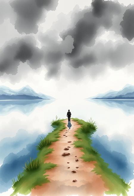 Intense, dramatic weather is depicted in a delicate watercolor painting. A narrow, winding path leads to a still lake, a lone traveler's silhouette visible. Their reflection creates symmetry. Translucent washes, fluid brushstrokes, stormy skies.