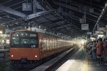  JRE201, train, night, train station, scenery, outdoors, building, railroad tracks, headlight