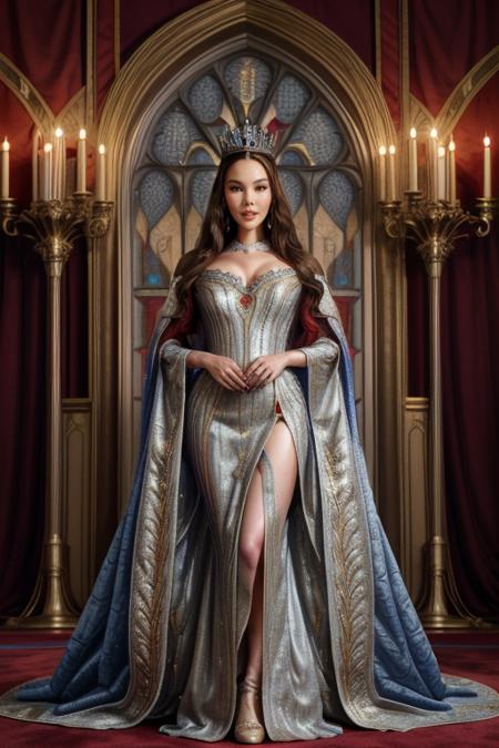 Professional photograph of mt-catrionagray <lora:[PH]_-_Catriona_Gray:1> as a medieval princess, elegant red blue and gold dress, tiara, tall, attractive, silver jewelry, standing in a gothic throne room, stained glass, silver walls, fantasy genre aesthetic, 8k, 4k, masterpiece, highest quality, award winning shot, game of thrones genre <lora:add_detail:1> <lora:picxer_realdetailer:1>   <lora:ARWPanniersDress:0.65>