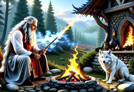 ultra realistic image with high resolution and stable focus correct and accurate anatomy, correct and accurate objects, perfect detail, ultra realism, photo realism, an image depicting a magician, a dtsrec with a long beard and white long hair leaning on his magic wand standing next to a hearth in which a magical fire burns in front of his stone house merges with the forest landscape, next to him there is 1 huge dragon staring into the fire, at the feet of the magician lies a meekly huge white wolf. ultra detail