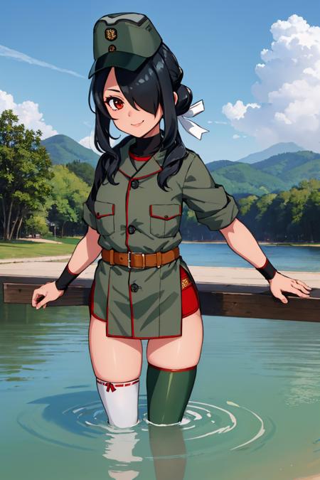 kumano maru, hair over one eye hat, military uniform, fingerless gloves, green thighhighs, belt