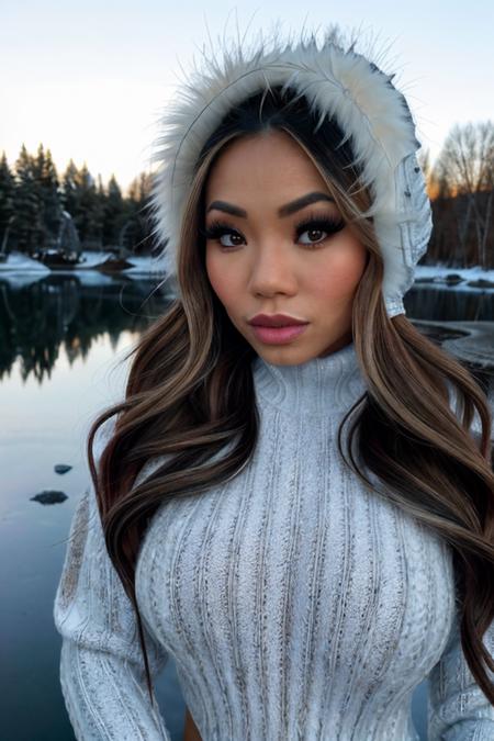 mad1s0njane, a close up portrait of a woman, standing next to a frozen lake, wearing a casual skiing outfit, white turtleneck sweater, huge boobs, skier, realistic, 8k, dslr, detailed skin, eye liner, makeup, jewelry, photorealistic, detailed eyes, face focus  <lora:MadisonJane_v1:0.95>