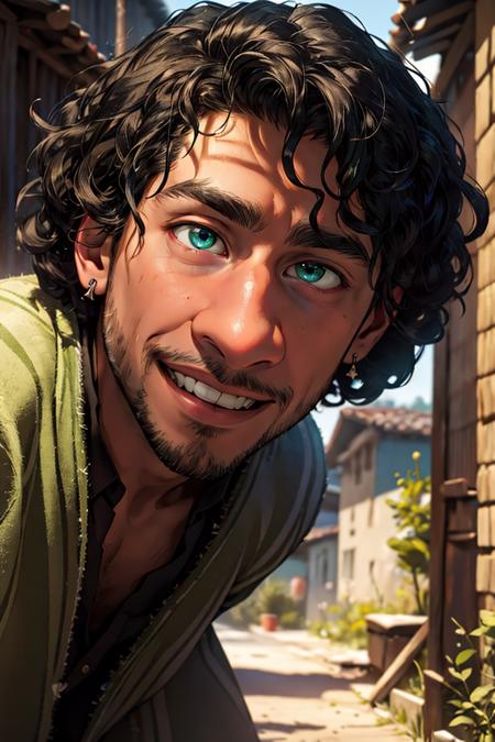 BrunoMadrigal,  1guy,  earring,  green poncho,  shirt,  pants,  medium shot,  smiling,  standing,  old village , ,  masterpiece,  highres,  sharp focus,  cinematic lighting,  detailed face,  detailed eyes,  , BrunoMadrigal, <lora:EMS-42111-EMS:1.000000>