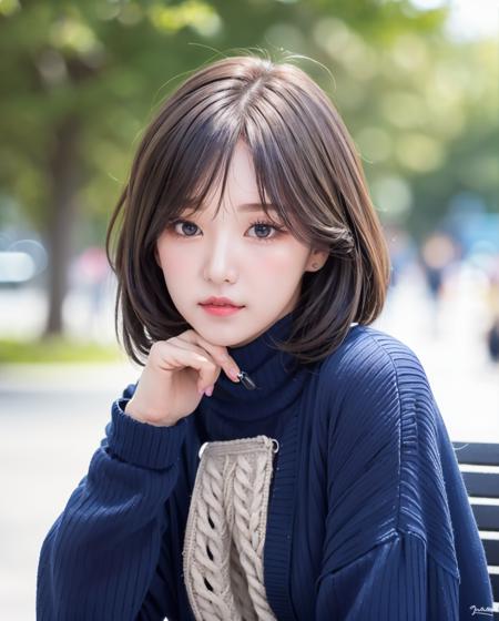 pureerosface_v1:0.3, best quality, photorealistic, 8k, high res, full color, 1girl, woman, 20 years old woman, (closed mouth:1.43), (skindentation), (portrait:0.6), trees, park bench, daylight, ((park background:1.52)), full color, ((necksweater:1.68)), looking at viewer:1.8, (1girl eyes looking at viewer:1.55), (medium-length hair, brownhair, partedbangs:1.45), (bokeh), <lora:AAW-wendy:0.65>