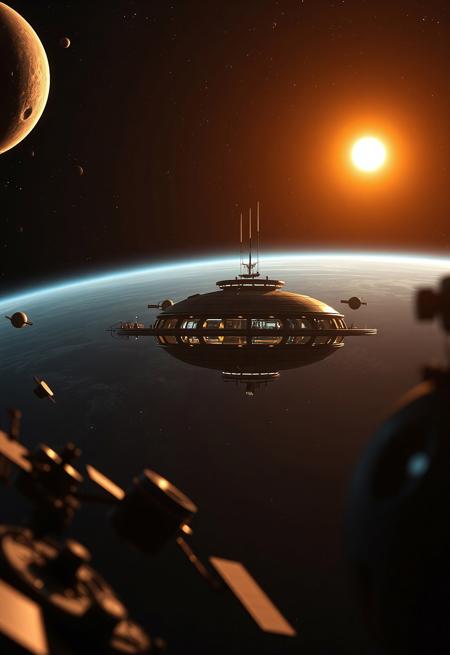 Foreground: satellites.
Focus Midground: Floating Space station in Futuristic Lighting Eco Habitat, Cylindrical Habitat station.
Background: shining Solar. Solar system, Mars, Jupiter, Saturn, Neptune, Uranus, Kuipler belt, Heliopause, Heliosphere.
Realistic lighting cinematic scene, Space Odyssey.